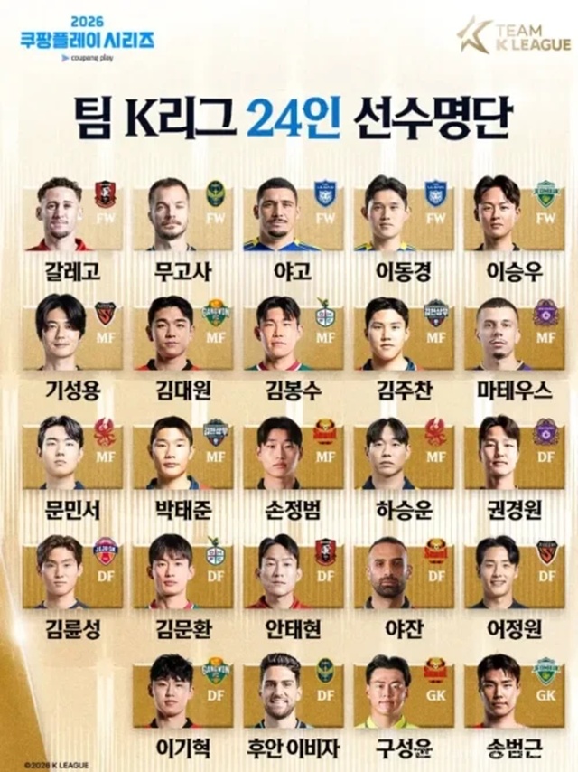 팀 K리그, 맨체스터 시티전 24인 명단 발표...무고사·기성용·이승우 합류